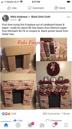 the fireplace is made out of cardboard and decorated with red plaid ribbon, wreaths and other decorations