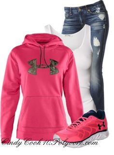 I really wan a under armor sweatshirt and this just awesomness if i could find it somewhere and could buy it yes i would so buy it! Underarmor Outfits, Nike Free Run, Central Saint Martins, Sweatshirt Women, Pink Camo, Under Armour Women, Rachel Zoe, Country Outfits, Rock Revival