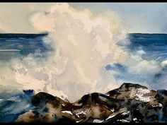 watercolor painting of waves crashing on the rocky shore with blue sky and clouds in background