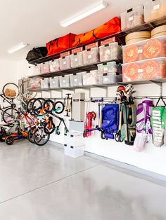 there are many bikes and bags on the shelves