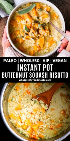 two bowls filled with different types of food and the words instant pot butternut squash risoto