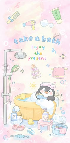 a cartoon penguin taking a bath in a tub with soaps and other items around it