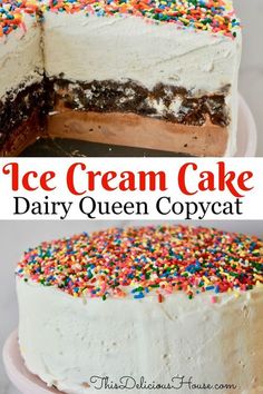 an ice cream cake with sprinkles on top and the words dairy queen copycat