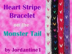 three bracelets with hearts on them and the text heart stripe bracelet on the monster tail