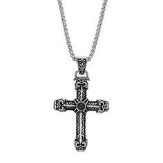 A black agate completes our dazzling cross pendant necklace with style. Metal: Two-tone stainless steelStone: Black agateClosure: Lobster claspDimensions: 22" bead chainPendant size: 38x30mmJewelry photos are enlarged to show detail. Black Cross Pendant Necklace Gift, Black Cross Pendant Necklace For Gift, Black Cross Necklace As Gift, Black Spiritual Cross Pendant Necklace, Elegant Stainless Steel Cross Pendant Necklace, Elegant Stainless Steel Cross Necklace, Spiritual Black Cross Pendant Necklace, Gothic Black Cross Pendant Necklace, Elegant Black Cross Necklace Gift