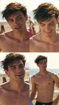 four different pictures of a man with no shirt on at the beach and one smiling