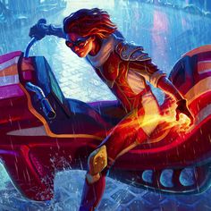 a woman riding on the back of a red motorcycle in the middle of a rain storm