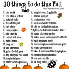 the 30 things to do this fall with pumpkins and leaves on it, in front of