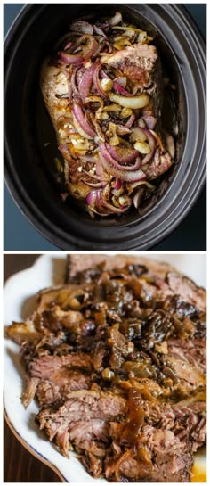 two pictures showing different types of food in the slow cooker and on the plate