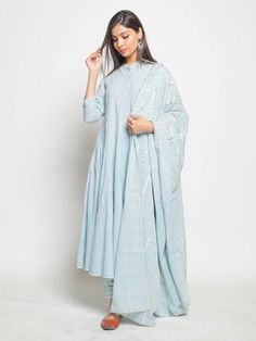 Zubeida Sage Blue Cotton Kurta Set - Trendroots Blue Long Sleeve Churidar With Gota Work, Traditional Light Blue Palazzo Set With Dupatta, Blue Cotton Sharara With Sheer Dupatta, Blue Cotton Anarkali Set With Gota Work, Blue Cotton Kurta With Gota Work, Blue Cotton Salwar Kameez With Gota Work, Blue Cotton Palazzo Set With Sheer Dupatta, Light Blue Straight Kurta Set With Dupatta, Blue Traditional Wear With Sheer Dupatta In Cotton