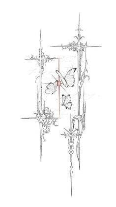 a drawing of two butterflies flying in the air