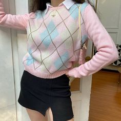 Amalia Aesthetic, Cute Jumpers, Autumn Knitwear, Sweater Preppy, Women Sweaters Winter, Argyle Pattern, Plaid Sweater, Estilo Preppy, Y2k Clothing