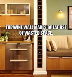 the wine wall makes great use of wasteed space in this living room and kitchen