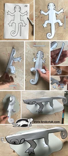 the steps to make a paper cutout of a lizard on a skateboard are shown