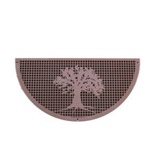 a brown metal plate with a tree on it's front and back sides, in the shape of a half circle