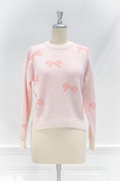 cute pink sweater - crew neck, with bow detail print. cute pink outfits. front view. Soft Pink Background, Cupid's Bow, Cupids Bow, French Girl Style, Pink Bows, Style Sweater, Pink Outfits, Cute Sweaters, Knitted Pullover Sweaters