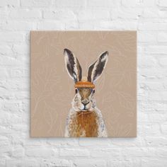 a painting of a rabbit wearing a knitted hat with leaves on it's head