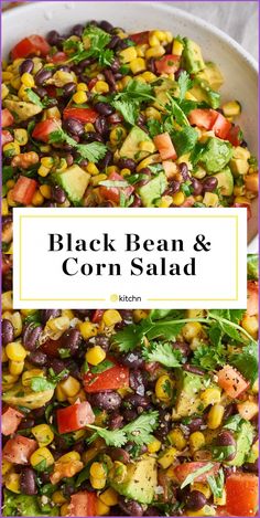 black bean and corn salad in a white bowl