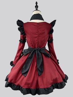 Maid dress set: Dress+Apron+Collar+Headwear Material: Polyester Color: Black Red  Size: S, M, L, XL, 2XL, 3XL, 4XL, 5XL Unit: CM Bust Waist Length Weight Height S 84 72 83 40kg 155cm M 89 77 85 45kg 160cm L 94 82 87 55kg 165cm XL 99 91 89 60kg 170cm 2XL 105 96 91 65kg 175cm 3XL 110 102 93 70kg 180cm 4XL 115 108 95 75kg Red Harajuku Dress For Halloween, Red Harajuku Style Dress For Halloween, Harajuku Style Ruffled Halloween Dresses, Red Long Sleeve Harajuku Dress, Harajuku Style Red Long Sleeve Dress, Red Harajuku Style Dress For Costume Party, Harajuku Style Red Dress For Costume Party, Harajuku Style Red Dress With Ruffles, Harajuku Red Ruffled Dress