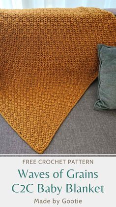 the crochet pattern for waves of grains baby blanket is shown on a couch