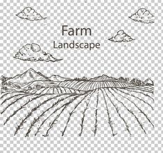 the farm landscape is drawn in black and white on a transparent background, with clouds above it