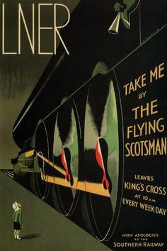 an advertisement for the flying scotsman, with a man standing next to it and another person looking on