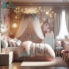 a bedroom decorated in pink and white with fairy lights