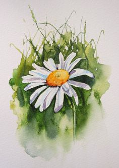 a watercolor painting of a white and yellow flower