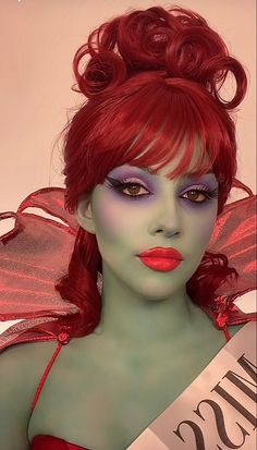 Halloween Costume With Face Paint, Bright Red Hair Halloween Costume, Horror Villains Movie Characters, Red Hair Halloween Ideas, Ms Argentina Beetlejuice Costume, Beetle Juice Inspired Makeup, Red Haired Halloween Costumes, Ms Argentina Beetlejuice, Dark Red Hair Halloween Costumes