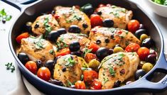 a pan filled with chicken, olives and tomatoes on top of a white table