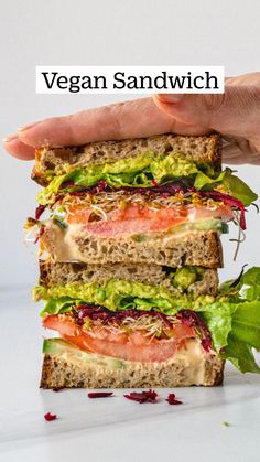 a hand holding a sandwich with lettuce, tomato and other vegetables on it