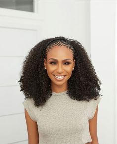 Cornrow Front Crochet Back, Crochet Braid Curly Hairstyles, Cornrow And Crochet Hairstyles, Cornrows Half Up Half Down, Half Cornrows Half Weave, Half Cornrows Half Curly Weave, Curled Hair With Braid, Curly Braided Hairstyles, Curly Crochet Hair Styles