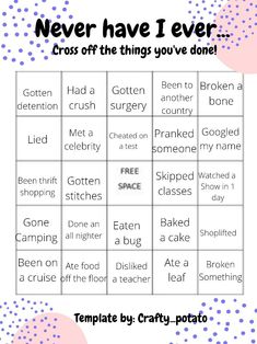 A "never have I ever" bingo template I made! Bottom Bingo Template, Pan Bingo, My Type Bingo, Never Have I Ever Bingo, Personality Bingo, Snapchat Games, Friend Bingo