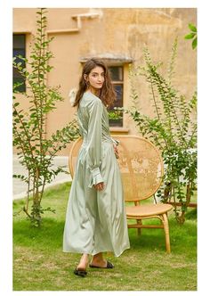 Expensive silk like fabric. exquisitely feels smooth, color and luster is bright beautiful. Note: The buttons around of the belly is an decorative and can't be opened. Long Midi Dress, Vintage Elegant, Green Satin, All Brands, French Vintage, Luxury Branding, Light Green, Cool Girl, Long Dress