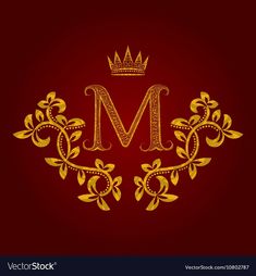 the letter m with a crown in gold on a dark red background, suitable for use as