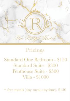 a white and gold sign with the words pricings on it, standing in front of a marble background