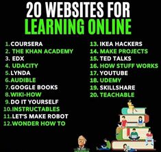 a poster with the words 20 website for learning online on it and an image of books stacked