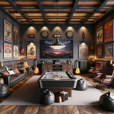 Step into a cozy man cave, complete with a black recliner, oversized TV, mini bar, billiards table, dartboard, and music corner stuffed with guitars and a drum set. Surrounded by classic band posters and sports memorabilia, this is a haven for leisure and fun. #ManCave #HomeBar #GameRoom #MusicCorner #SportsMemorabilia #ClassicPosters Sports Bar Man Cave, Billiards Room Decor Vintage, Cozy Man Cave, Basement Music Room, Bar Billiards Table, Cabin Game Room, Black Recliner, Billiards Bar, Modern Man Cave