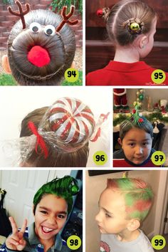 Are you looking for a wacky hairstyle for kids? Here are over 125 wild and wacky hairdos for kids perfect for spirit or red ribbon week.rnrnWe've got crazy hair day ideas for girls, boys, long hair, short hair and all the holidays too.rnrnHead on over to our site today to get some crazy hair day inspiration right now. Who From Whoville Hair, Crazy Holiday Hair, Holiday Hairstyles For Kids, Kids Wacky Hair Day, Hairdos For Kids, Boys Crazy Hair Day, Green Hair Spray