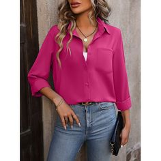 Season:Fall,Spring; Fabric:Polyester; Sleeve Length:Long Sleeve; Gender:Women's; Style:Stylish,Modern; Elasticity:Inelastic; Tops Type:Blouse,Shirt; Occasion:Work; Fit Type:Form Fit; Pattern:Solid Color,Plain; Design:Buttons,Pocket; Neckline:Shirt Collar; Front page:FF; Listing Date:07/17/2024; Production mode:External procurement; Bust:null; Length:null; Fit US Size:null; Fit UK Size:null; Fit EU Size:null Satin Tops Outfit, Short Dress Satin, Bright Color Outfits, Nonbinary Style, Satijnen Blouses, Satin Tops, Spring Style Inspiration, Look Rose, Mini Sweater