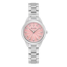 Add a pop of color to your wardrobe with this stylish Bulova ladies’ timepiece from the Sutton collection. Stainless steel 28.0mm case, pastel pink sunray dial, 11 diamond hour markers, and silver-toned hands Quartz movement Stainless steel bracelet; foldover clasp Water resistant to 30 meters We are an authorized Bulova dealer Classic Pink Watch With Round Dial, Pink Chronograph Watch For Formal Occasions, Pink Round Watches With Subdials, Pink Chronograph Watch As Gift, Pink Chronograph Watch For Gift, Pink Analog Watch With Round Dial, Classic Pink Watch For Formal Occasions, Pink Analog Watch Accessories With Round Dial, Modern Pink Watches With Diamond Hour Markers