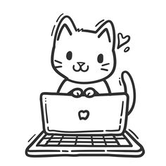 Easy Cat Typing on Laptop (free printable PDF black-and-white line drawing idea suitable for all, from beginners to advanced learners, including children, teens, adults, and seniors) Cat On Computer Drawing, Computer Drawing Easy, Computer Character, Cat Computer, Laptop Drawing, Manga Design