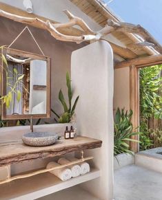 a bathroom with a sink, mirror and plants