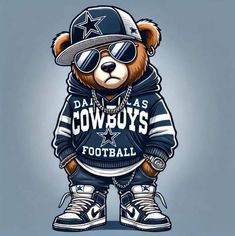 a drawing of a teddy bear wearing sunglasses and a hoodie with the word cowboys on it