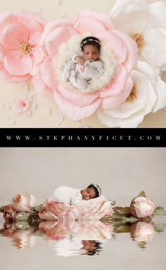 a baby is laying in the middle of some water surrounded by large pink flowers and white peonies