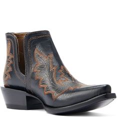 These low-heel 10044503 Ariat Women's Dixon Low Heel Western Boots  have the same chic cutout, intricate stitching, and fashion-forward toe as the original but comes with an even more wearable heel for added comfort and versatility. It'll quickly become your everyday go-to.  Premium Full Grain Leather Four-Row Stitch Pattern Leather Lining  Ariat ATS® Technology Provides Ergonomic Support on Uneven Terrain Resoleable Goodyear Leather Welt Construction Hand-Nailed Veg Tan Leather Sole  10044503 Ariat Women's Dixon Low Heel Western Boots - Bohemian Black Ariat Wexford Boots, Womens Boots Wooden Soul Ariat, Ariat Delilah Boots, Western Black Ankle Heeled Boots, Western Ankle-high Booties Medium Width, Veg Tan Leather, Western Boots, Low Heels, Full Grain Leather