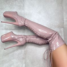 LipKit Thicc Thigh High - Boujee - 9 INCH, stripper shoe, stripper heel, pole heel, not a pleaser, platform, dancer, pole dance, floor work Thigh High Platform Boots, Plate Logo, Thigh High Heels, Clear Shoes, Bad And Boujee, Patent Boots, Thigh High Boots Heels, Thigh Boot, Dream Shoes