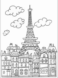 the eiffel tower in paris, france with buildings and clouds above it coloring page