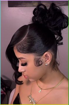 RareBae : Valentine’s Day Hair Inspo Classic barbie hairstyle with a curly bun credit; @thegirlhousee_ ig #forbaddiesonly {follow for more content} Hair Styles Down For Prom, Hair Styles For Mother’s Day, Baddie Hairstyles For Wedding, Pretty Short Hair Styles Prom, Pinned Up Prom Hairstyles, Updo Hairstyles For Birthday, Bun For Prom Hair, Hair Styles Prom Updo, Updo For Long Hair Prom