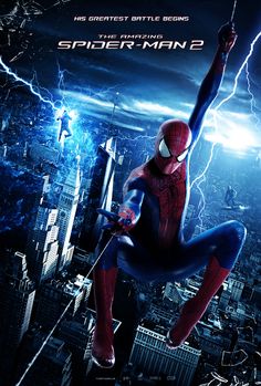 the amazing spider - man 2 movie poster with an action hero in mid air and lightning behind him